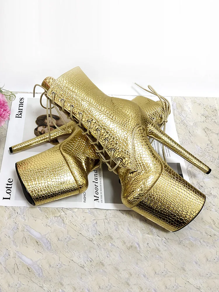 

Золотые ботинки на платформе, пикантная фетиш-обувь, 8 дюймов, стриптизерша для танцев на пилоне, туфли для стриптиза 20 см, экзотические женские ботильоны на шнуровке для ночного клуба