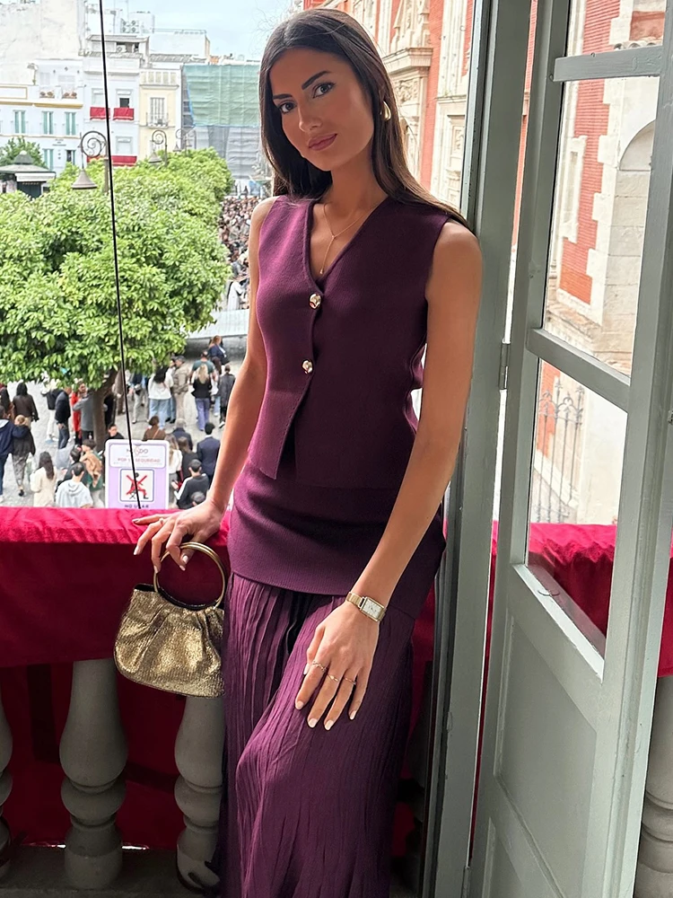 TRAFZA Damski 2-częściowy garnitur Casual Fashion Dzianinowa kamizelka bez rękawów z dekoltem w szpic Kobieta Elegancki luźny zestaw spódnic z wysokim stanem