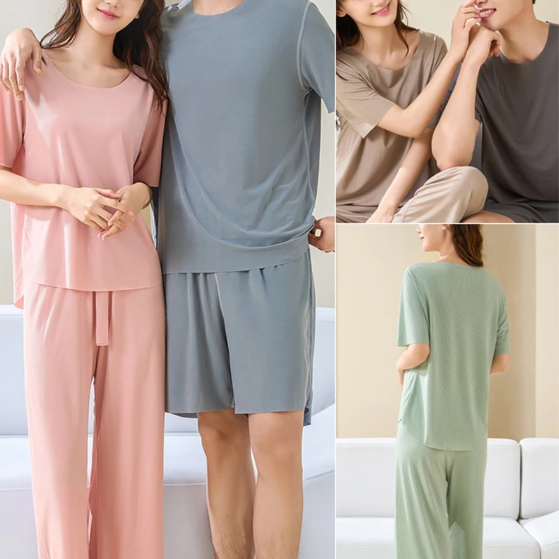 Couple Models Cool Feeling Pyjamas Female Summer Ice Silk Thread Thin Section Short-Sleeved Trousers Can Be Worn Outside Men\'s H