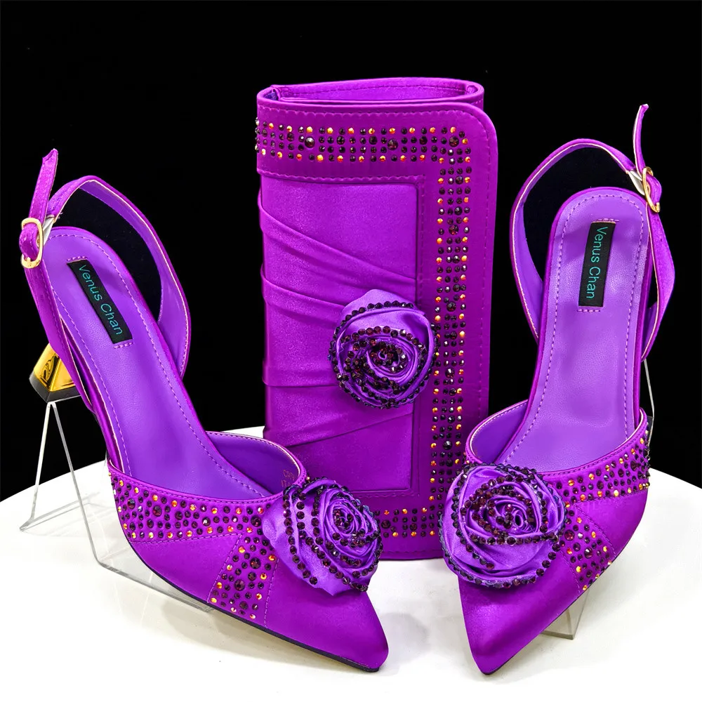 

Rhinestone Pointed-Toe High Heels Shoes and Bags Set for Women Wedding and Party Elegant Luxury Fashion in Purple Color