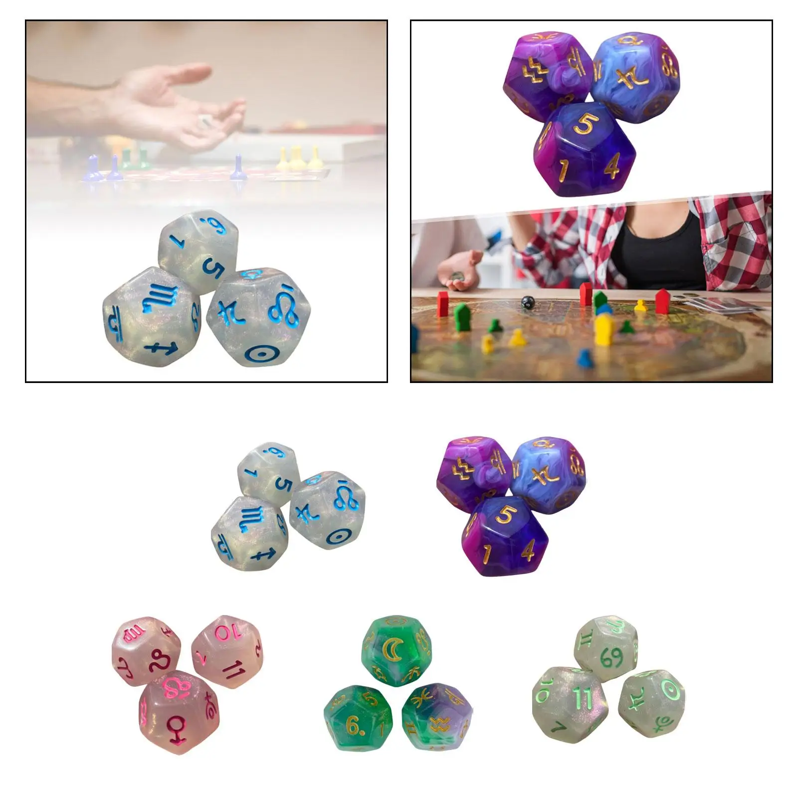 Set of 3 Polyhedral D12 Dice for Games and Teaching, Constellation Theme