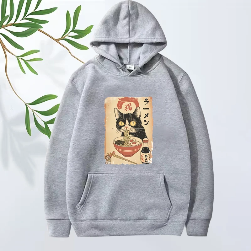 Ramen Cat hoodie Japanese Style Black Cat Eating Ramen Grpahic men women Long sleeve streetwear print oversized hoodie unisex