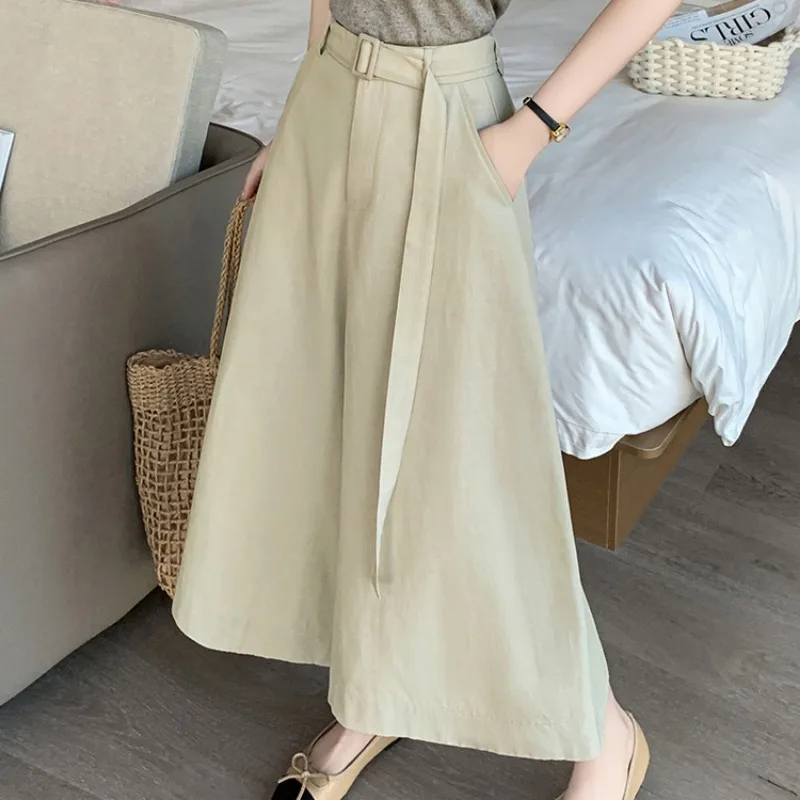 

Women's Summer High Waist Capris Skirtpant with Waistbelt A-line Loose Wide Leg Pants Casual Trousers Female 2025