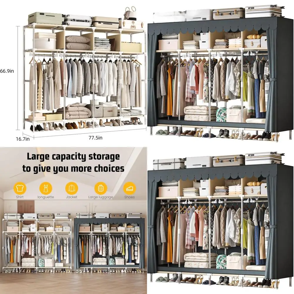 

Gray Metal Portable Armoire with 4 Hanging Rods, Lockers, and Dust Cover for Bedroom, 16.7 in Wide, 77.5 in Tall