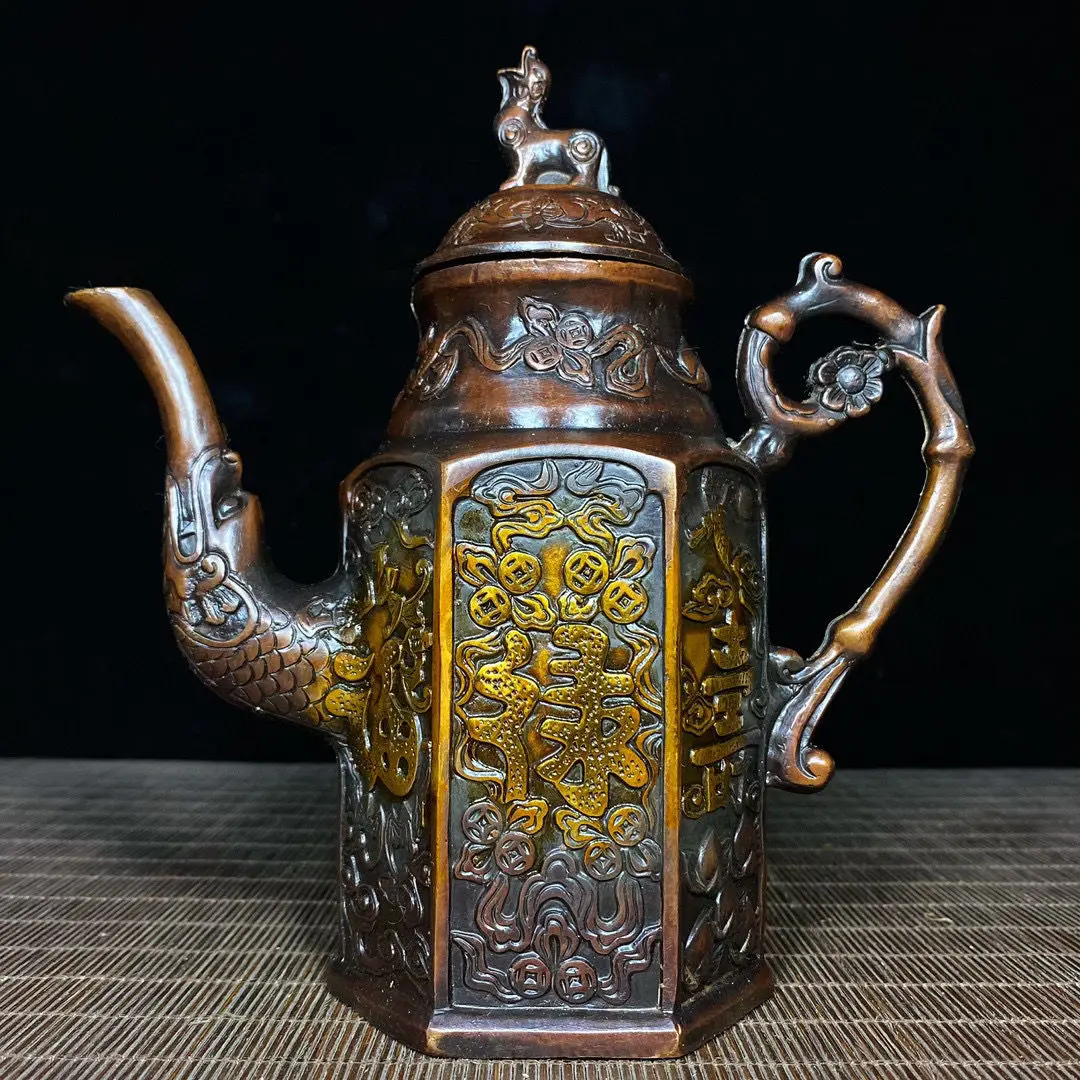 

Wine Bottle Ornaments Antique Pure Gilt Copper Relief Fu Lu Shou Teapot Height 17.7cm Width 16.6cm Home Decoration Accessories