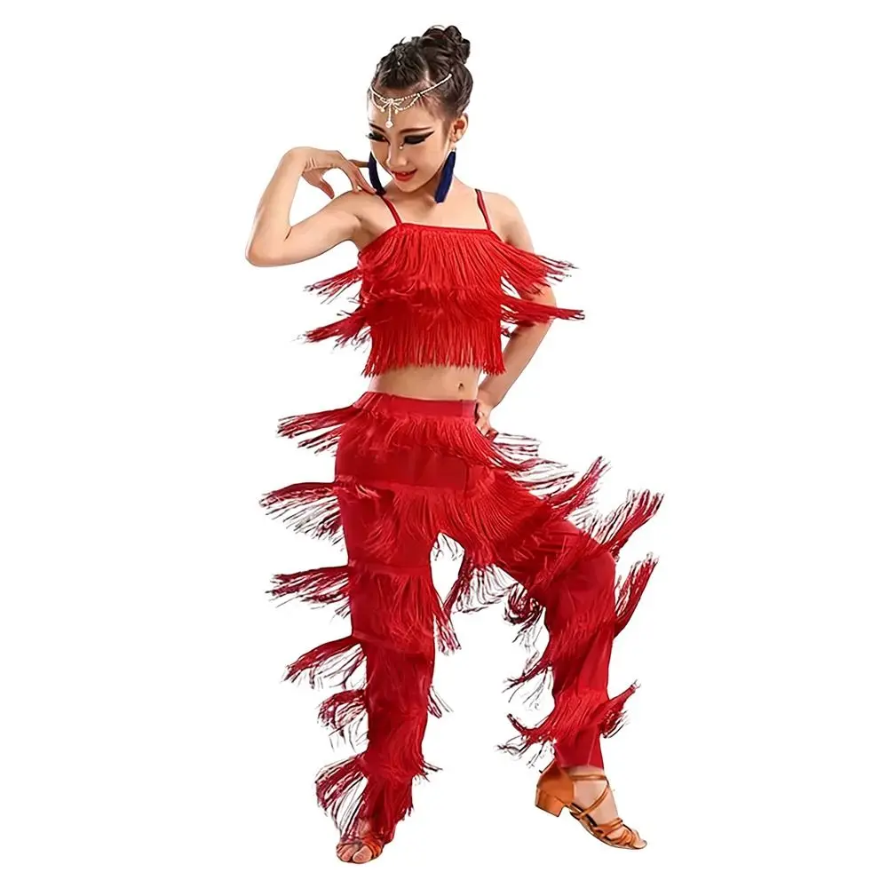 

Fashion Tassel Latin Dance Pantsuit Professional Pants Ballroom Dance Costume Rumba Cha Cha Samba Costume Children Girls