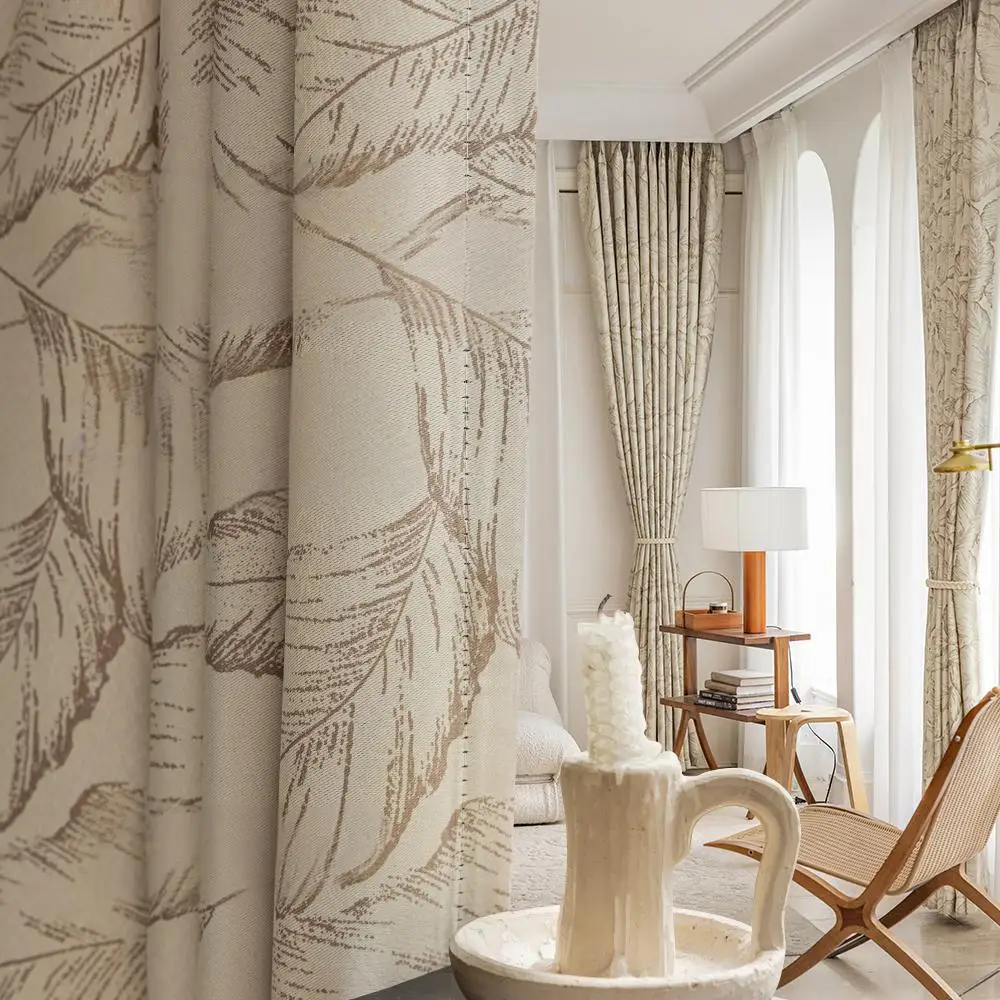 1Pc,Printed Leaf Pattern Semi-Blackout Bedroom Curtains, Pastoral Style Window Curtains For Kitchen,Living Room Drapes Decor