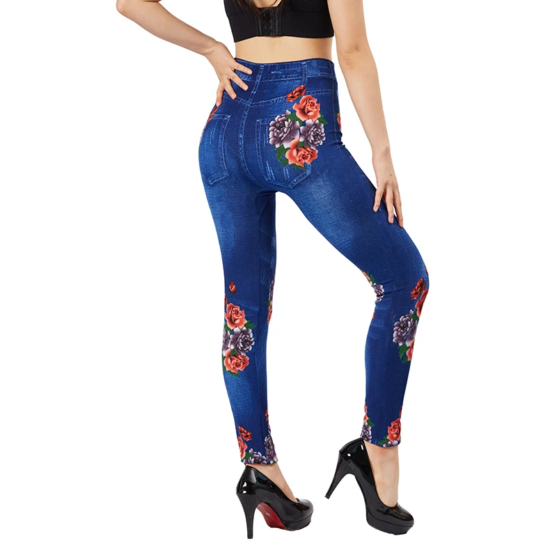 CUHAKCI Women Rose Print Elastic Blue Jeggings Fake Pocket Casual Workout Yoga Leggings Slim Fit Faux Denim Female Pencil Pants