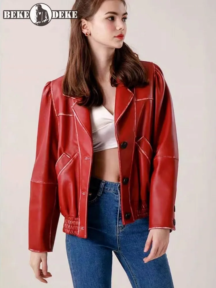 Vintage Distressed Sheepskin Genuine Leather Women Single Breasted Loose Fit Motorcycle Biker Coat Comfortable Jackets One Size