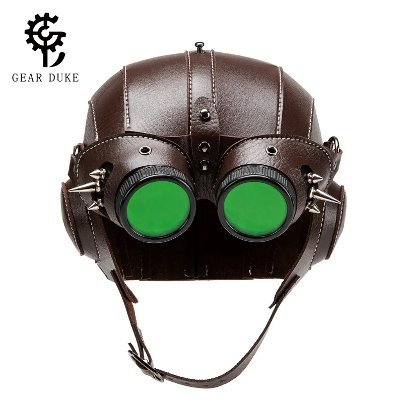 Steampunk Pilot Hat with Green Lens Goggles Retro Brown Leather Spiked Cosplay Helmet for Halloween Party Headwear