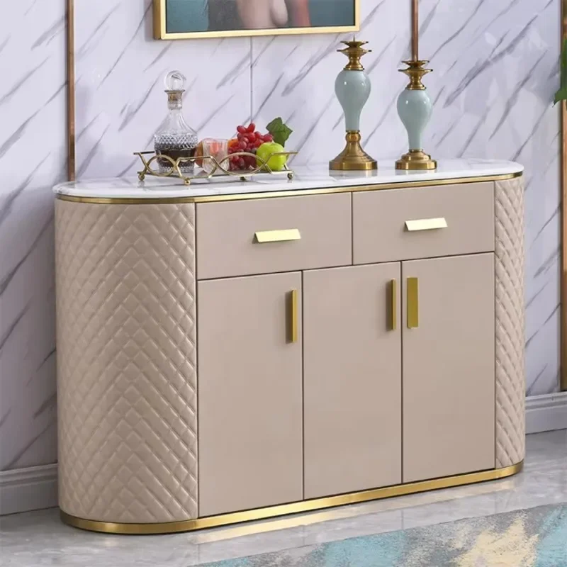 Modern luxury wood tableware cabinet marble top buffet cabinet dining room furniture, leather and stainless steel frame