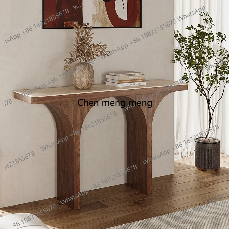 

Solid wood, medieval style cave stone slate entryway, entrance hallway, corridor, ultra-narrow long table, entrance table