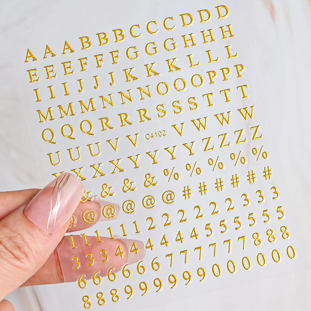 1Pc 3D Black White Small Alphabet Nail Art Sticker Gold Silver Laser English Letter Adhesive Decals DIY Number Manicure Sliders