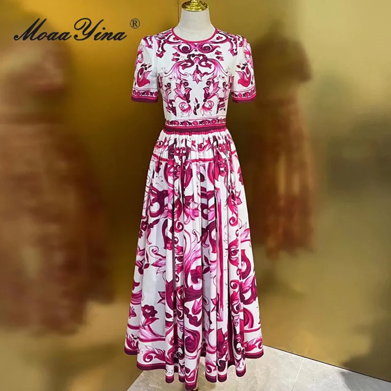

MoaaYina Fashion Designer dress Summer Women Cotton Dress O-Neck Short Sleeve High Waist Geometric Printing Big Swing Dresses