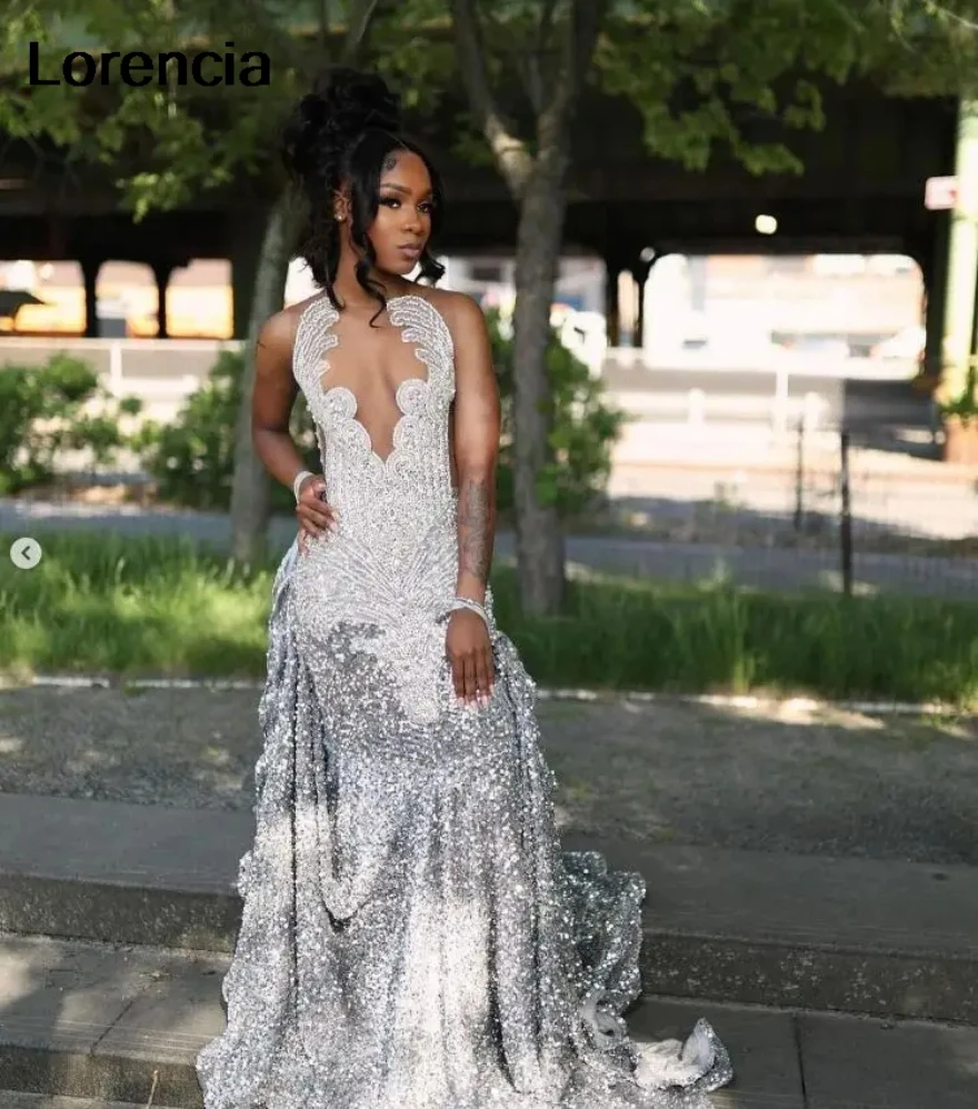 Customized Diamond Silver Mermaid Prom Formal Dress Black Girl Sparkly Crystal Velvet Evening Birthday Party Gala Gown YPD194