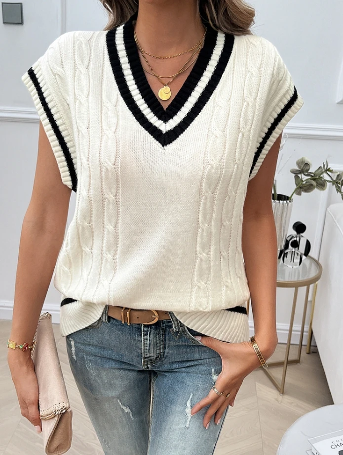 Fashion Sweater wanita, rompi kontras leher V kasual longgar musim gugur musim dingin 2024