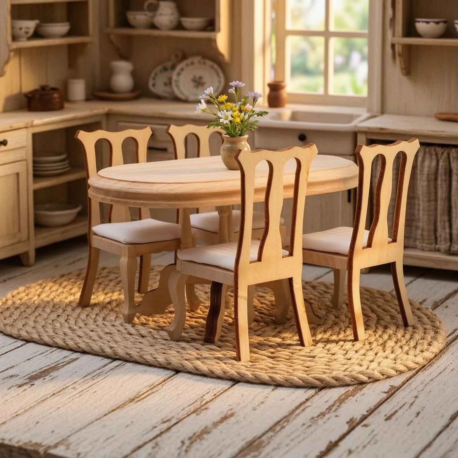 5 Pieces Dollhouse Dining Table and Chairs Wooden 1:12 Scale Table and Chairs Tiny Home Decor Decorative