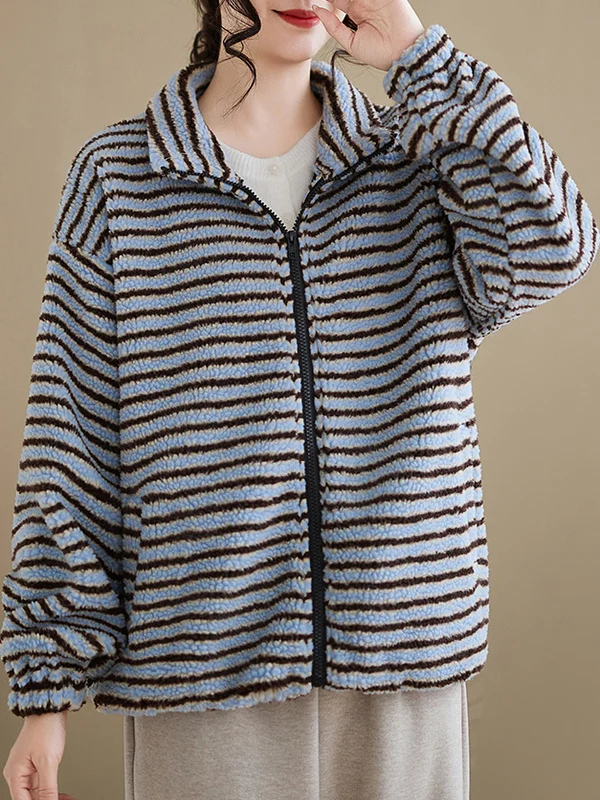 Felpa da donna in pelliccia di agnello con doppia cerniera a righe Color Blo Capispalla invernale Cappotto ort Coreano Sle Loose Fit Lungo Sve