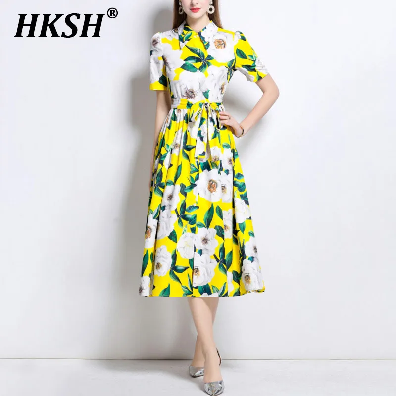 

HKSH Summer New Women Elegant Temperament Trendy Turn-down Collar Waist Cinching Slimming Printed Short Sleeve Midi Dress HK6346