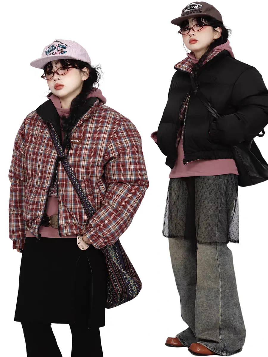 Veste rembourrée réversible Vintage américaine, nouveau Design, manteau court épais et chaud à carreaux, Style Ins, hiver 2024