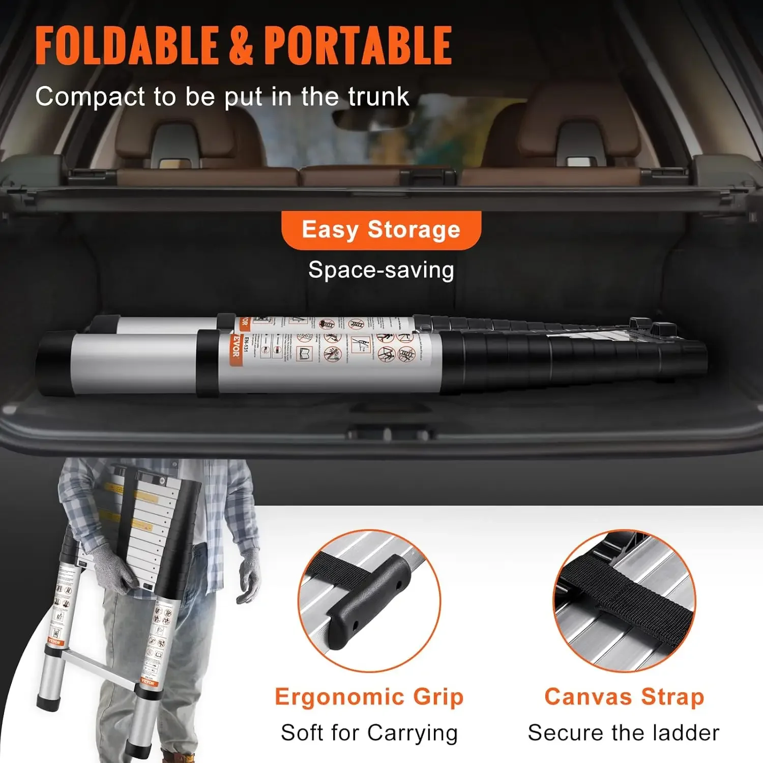 Telescoping Ladder, 12.5 FT Aluminum One-button Retraction Collapsible Extension Ladder, 375 LBS Capacity with Non-slip Feet,