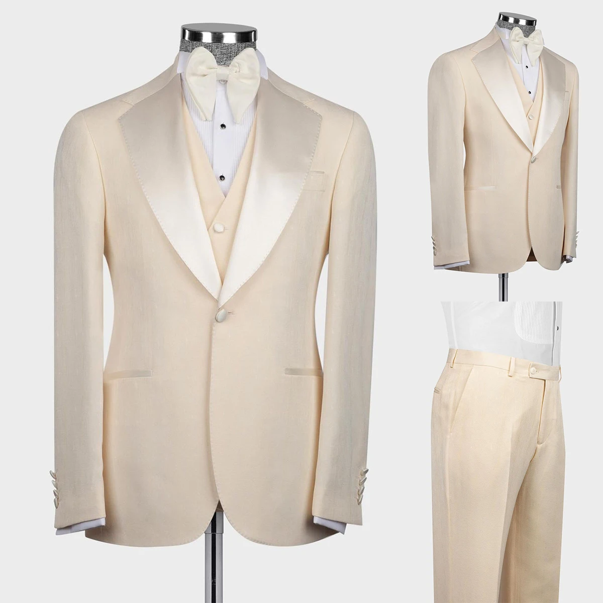 

Men's Suit Set Champange Wedding Tuxedos Satin Collar Jacket +Trousers +Vest 3 Piece Slim Fit Business Pantsuits