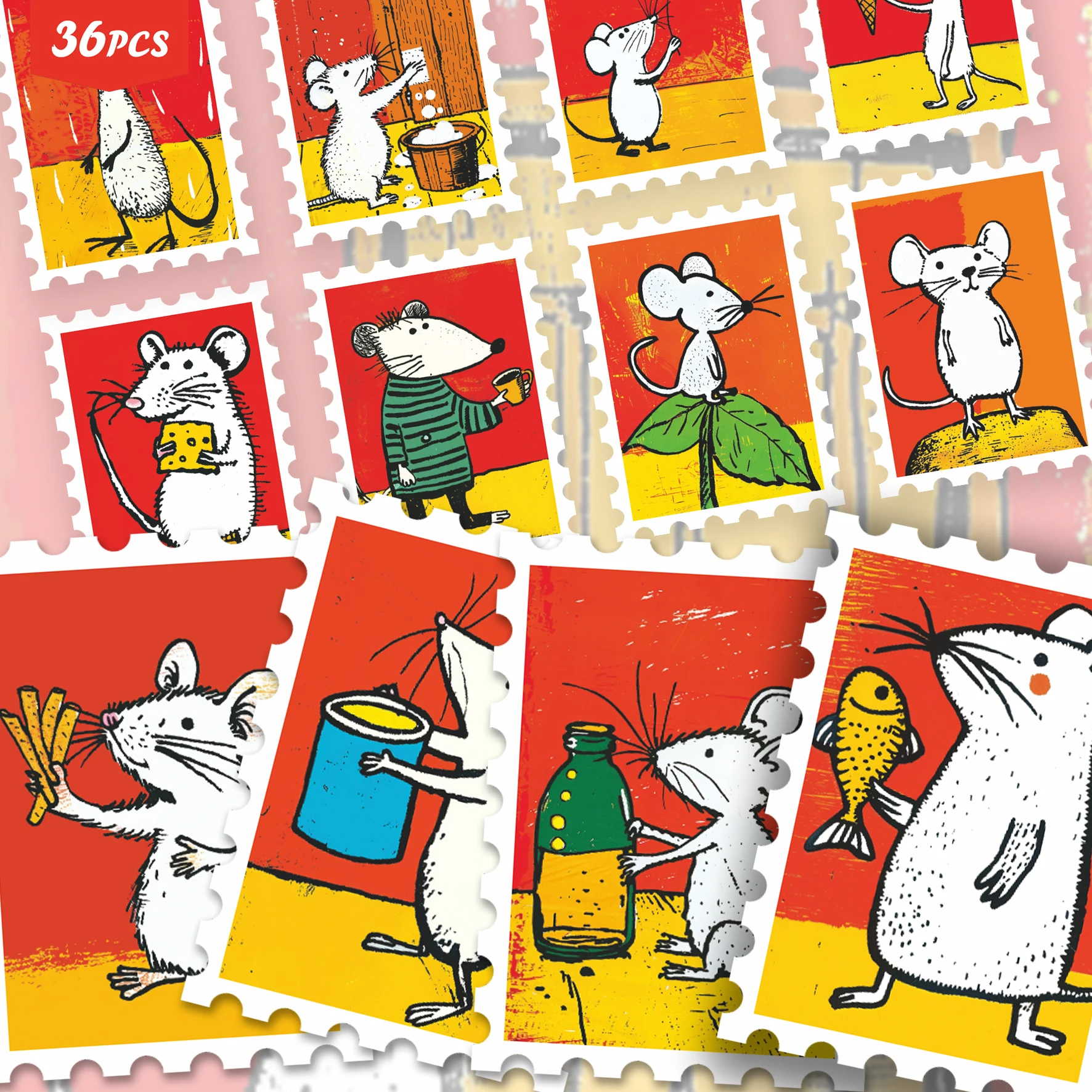 36PCS Whimsy Mouse Sticker Set for laptops, Bright Color & Simple Line Designs, Great for Planner Decor & Collage Art