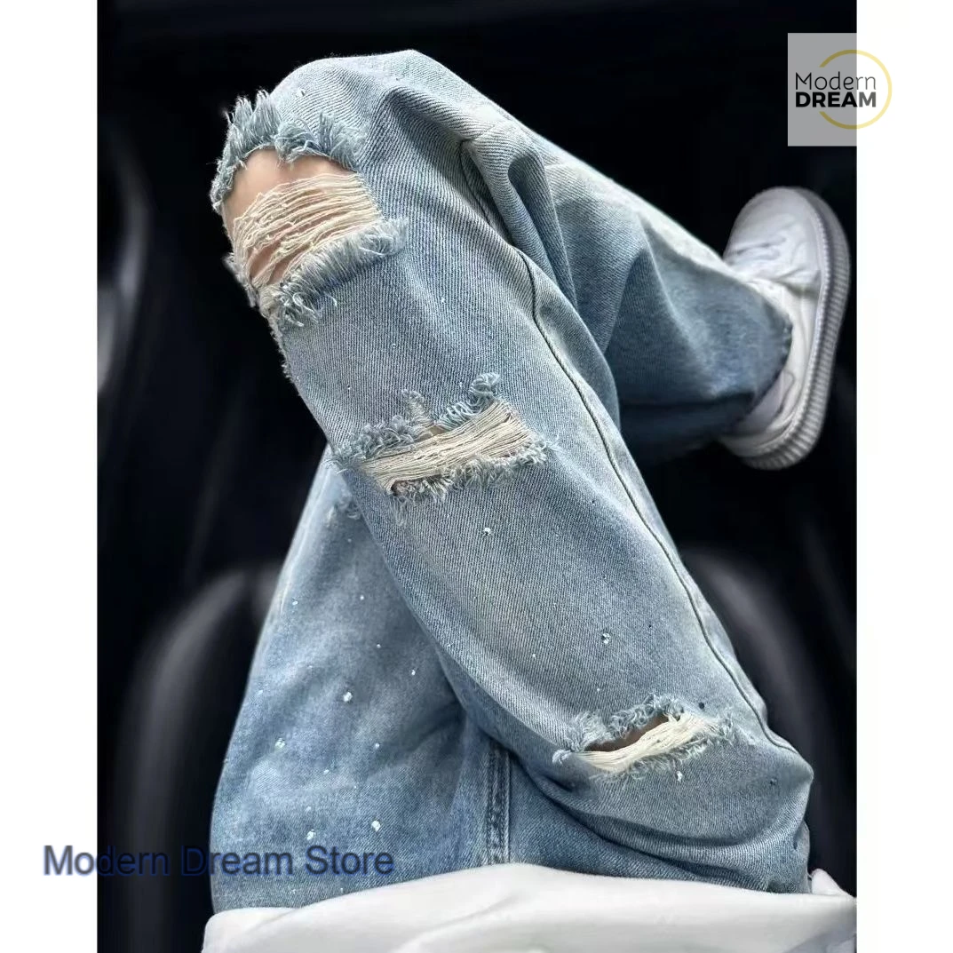 American retro fashion rhinestones big hole straight jeans women's summer new high waist wild temperament wide-leg pants.