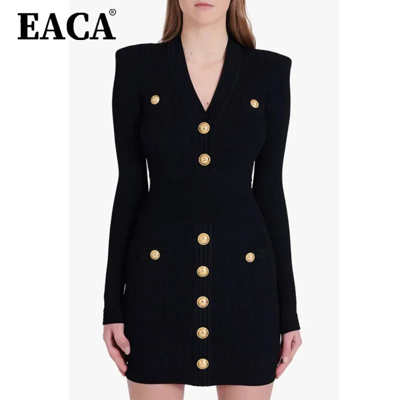 

EACA Metal Button Long Sleeve V-neck Sexy Knitted Dress Women 2025 Autumn And Winter New Fashion Simple Temperament