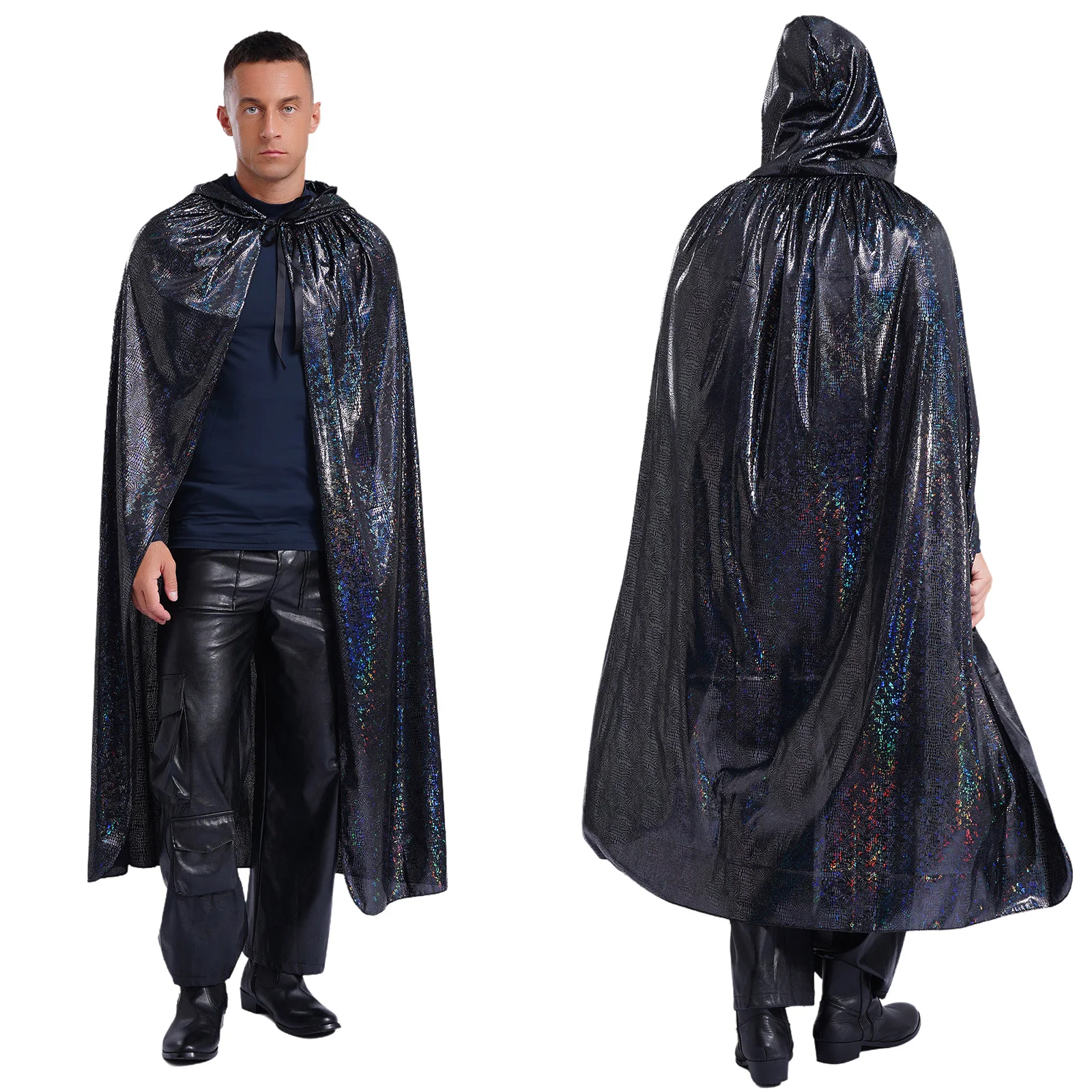 

Halloween Witch Wizard Mens Roleplay Shiny Hooded Cape Front Tying Full Length Cloak Medieval Magician Vampire Cosplay Costume