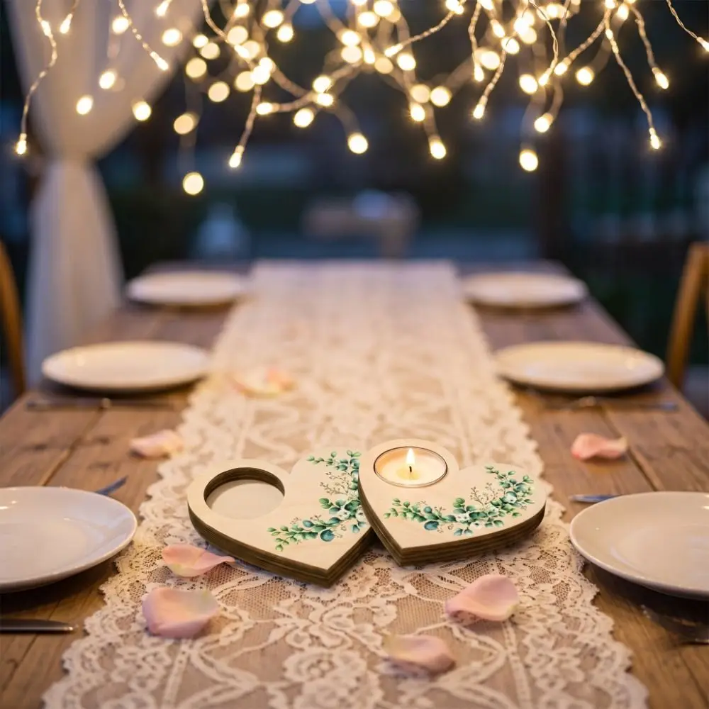 Floral Pattern Heart Shaped Candle Holder Ornament Candlestick Wooden Candle Holder Sweet Butterfly Tealight Tray Table Decor