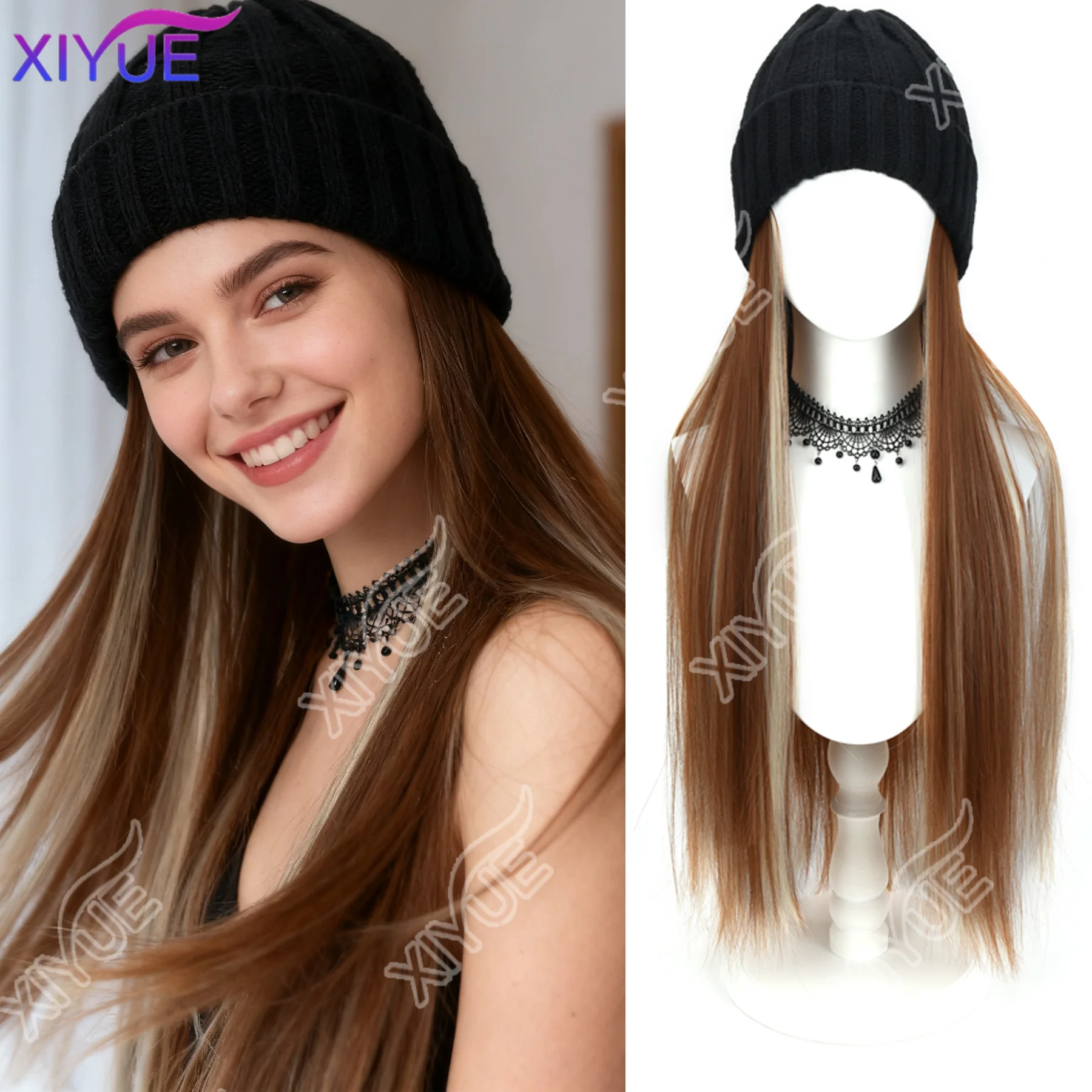 XIYUE Long Synthetic Straight Dark Brown Wigs with Hat Cap Adjustable Hair Wig with Hats for Ladies and Girls Daily Winter Wear