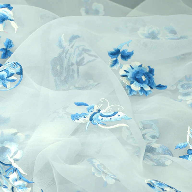 

50cm Chinese Hanfu Embroidery Fabric Organza Ancient Style Embroidered Designer Fabric for DIY Hanfu Shirts Doll Clothing