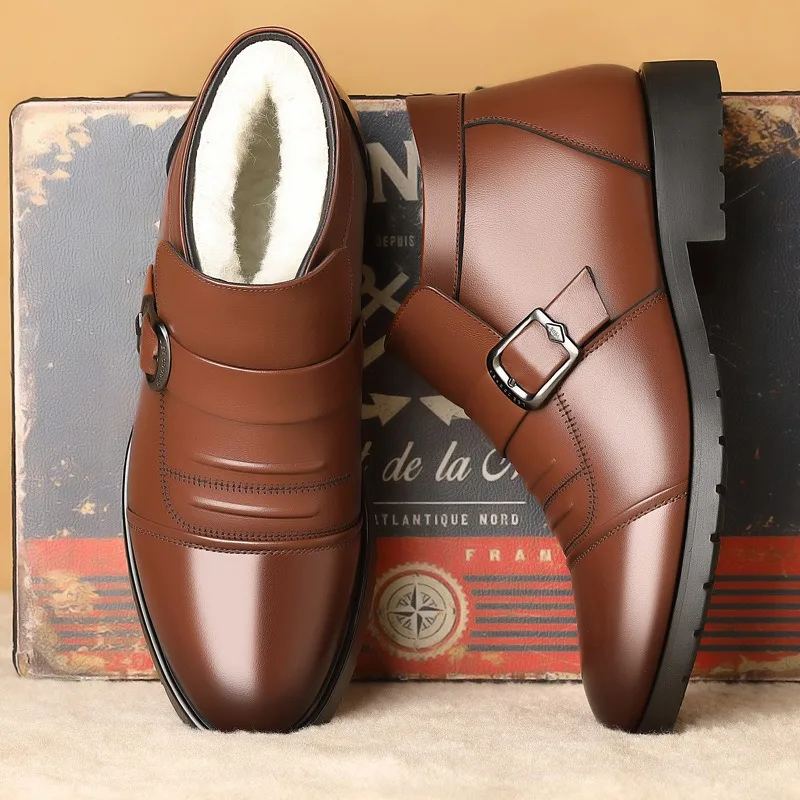 Winter Men's Leather Boots Fashion Business Casual Leather Shoes Thick Plush Warm Snow Boots for Men Winter Ankle Cotton Booties