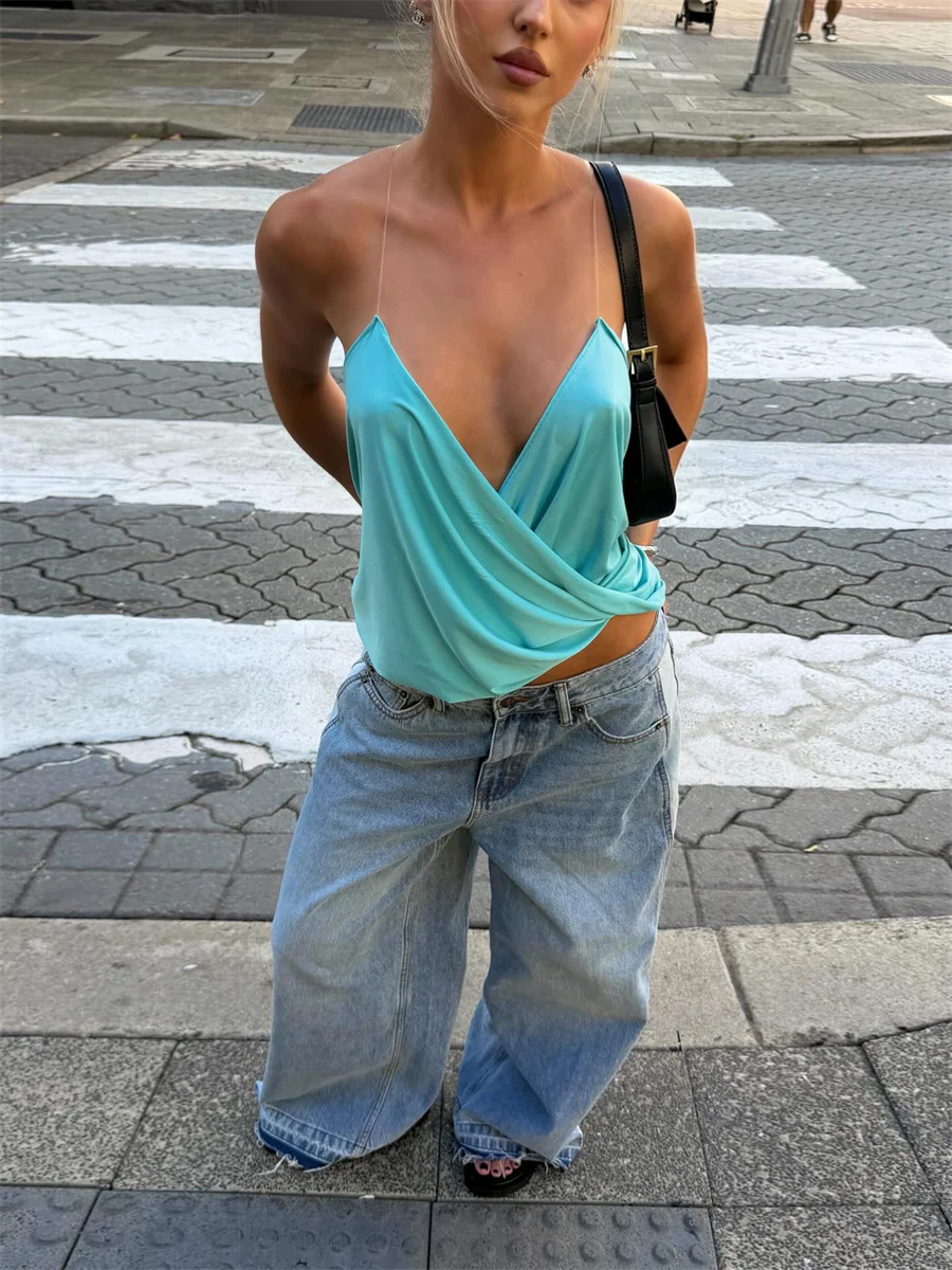 Kliou Gerafftes Elegantes Camisole-Top für Damen, Sommer-Trend mit Tiefem Ausschnitt, Rückenfreies Design für einen Schlankere Figur, High-Street-Style Tanktop