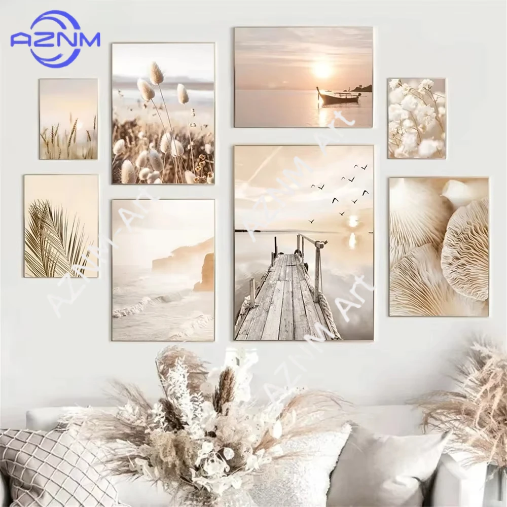 1PC Sunset Sea Lake Boat Bridge Canvas Painting Seagull Beach Poster Beige Leaf Reed Wall Art Print Nordic Wall Home Decor