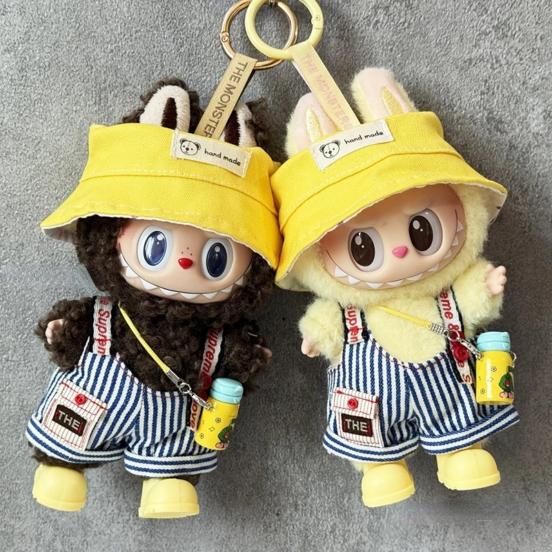 

Labubu 1-го - 3-го поколения, милая игривая спецодежда, желтая панама, полосатый комбинезон, мини-сумки для бутылок с водой для кукол 15/17 см