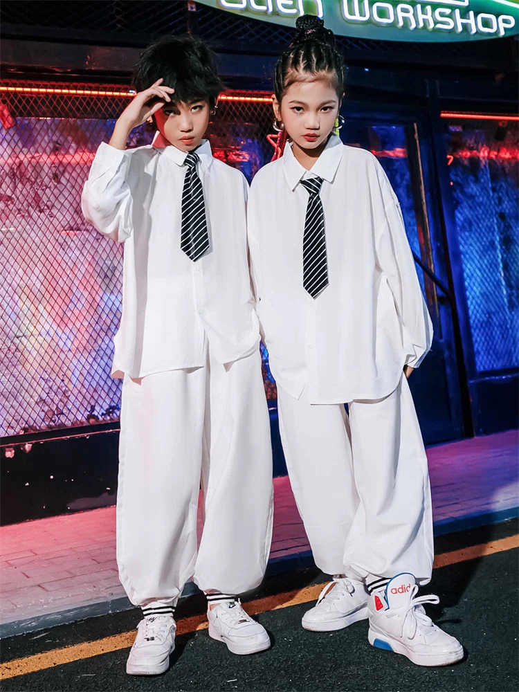 Loose Long Sleeves Hip Hop Clothes Girls Jazz Street Dance Performance Stage Costume Boys Children White Shirts Pants