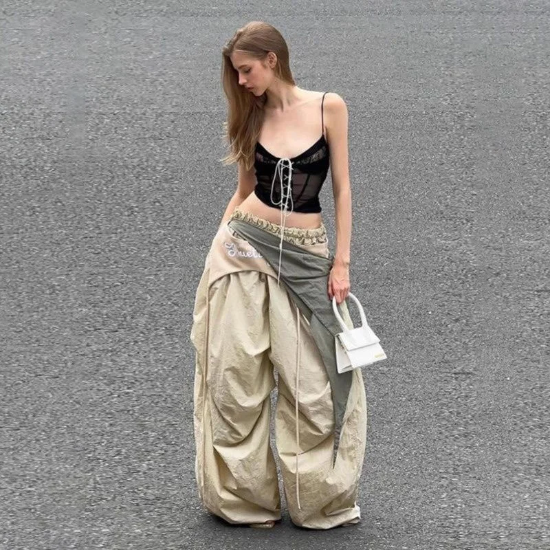 American Style Spicy Girl Color Blocking Strap Pants Women's Hip-hop Street Loose Wide Leg Casual Pants Folding Waist Scarf