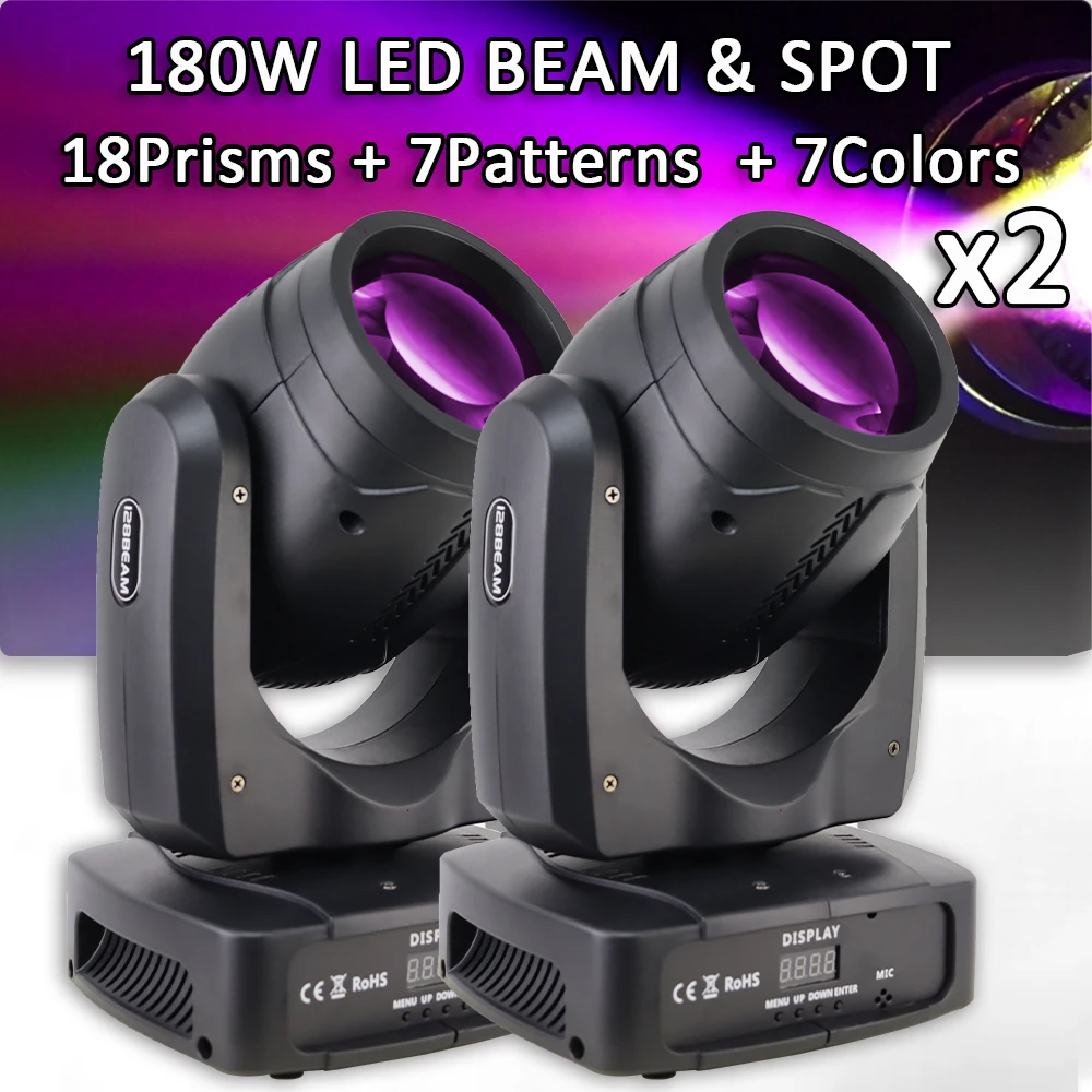 

2Pcs/lot 180W LED Moving Head Light Rainbow Lighting Effect 18 Prisms Stage Lights DMX512 Sound Activated For DJ Disco KTV