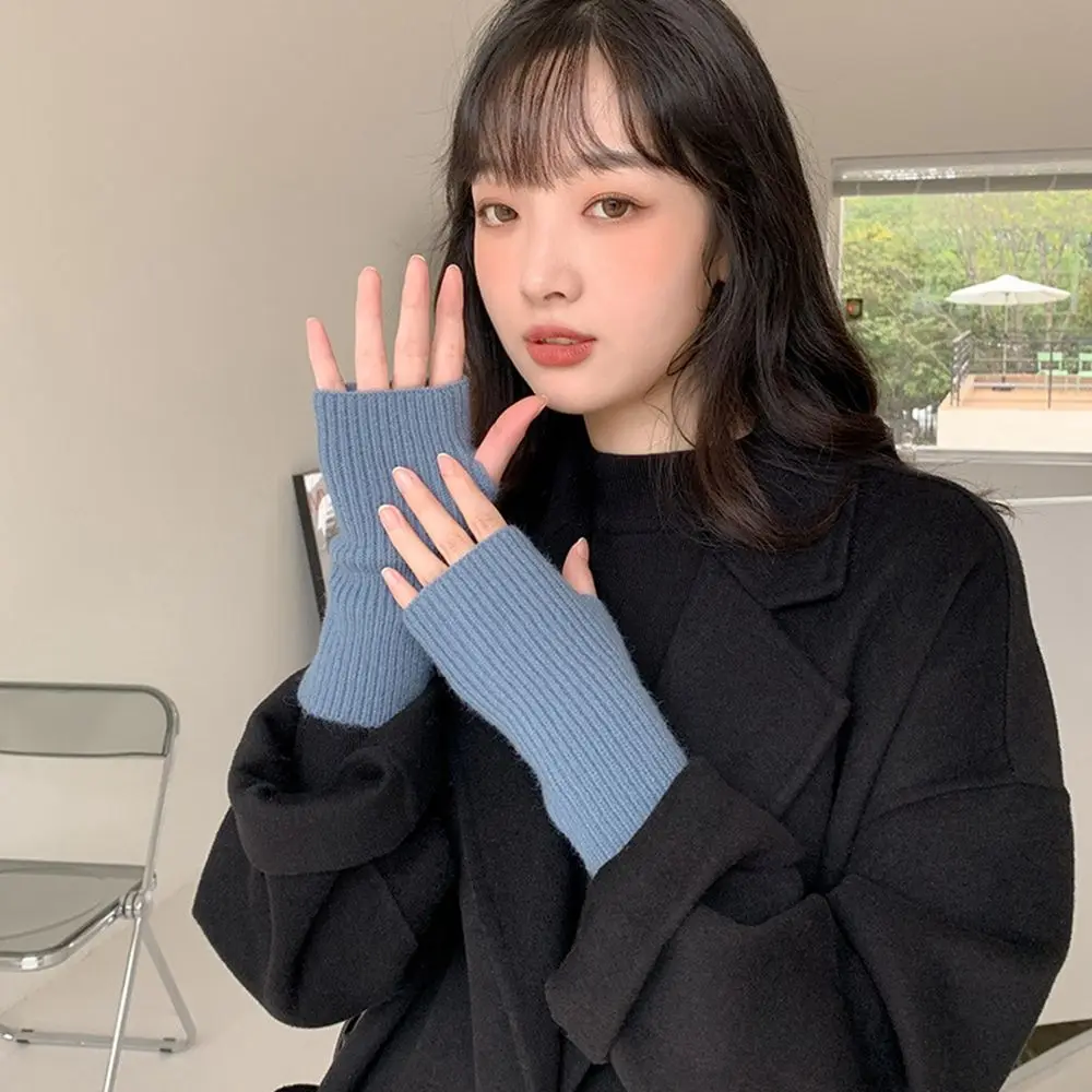 

Soft Simple Fingerless Mittens Driving Gloves Men Solid Color Half-finger Gloves Knitted Mittens Plus Velvet Female Gloves