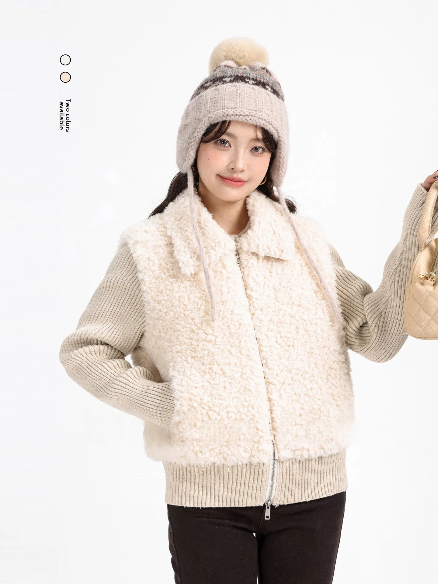 

Korean Sle ort Thiened Lamb Fur Jaet Collar Stand up Patchwork Design Winter Warm Women's Outerwear Balac Zipper ...