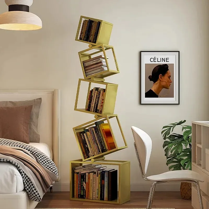 Vertical Corner Bookshelf - Multi-Tier Wrought Iron Display Shelf with Checkered Design, Modern Living Room Storage Unit,