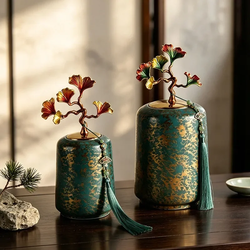 For Enamel Color Happiness Ginkgo Biloba Tea Can Storage Tank Ornament Living Room Coffee Table Study Decoration Housewarming