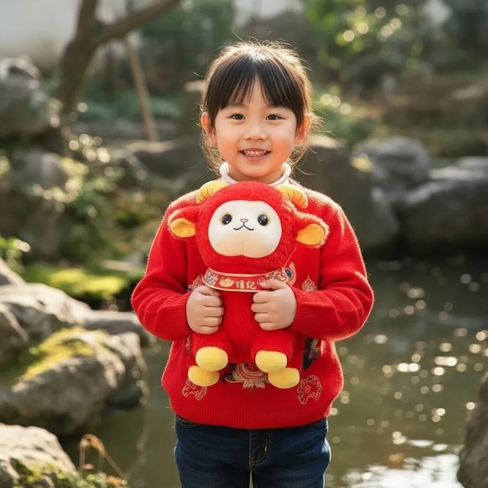 Fortune Mascot Cushion Red Zodiac Sheep Soft Cute Lamb Luminous Chinese Characters Embroidered 2027 Ram Mascot Present