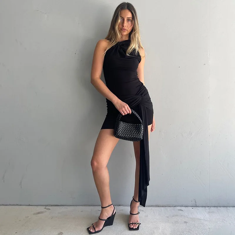 

New2025Summer New Solid Color Tie Ruched Slim Sexy Bodycon Dress