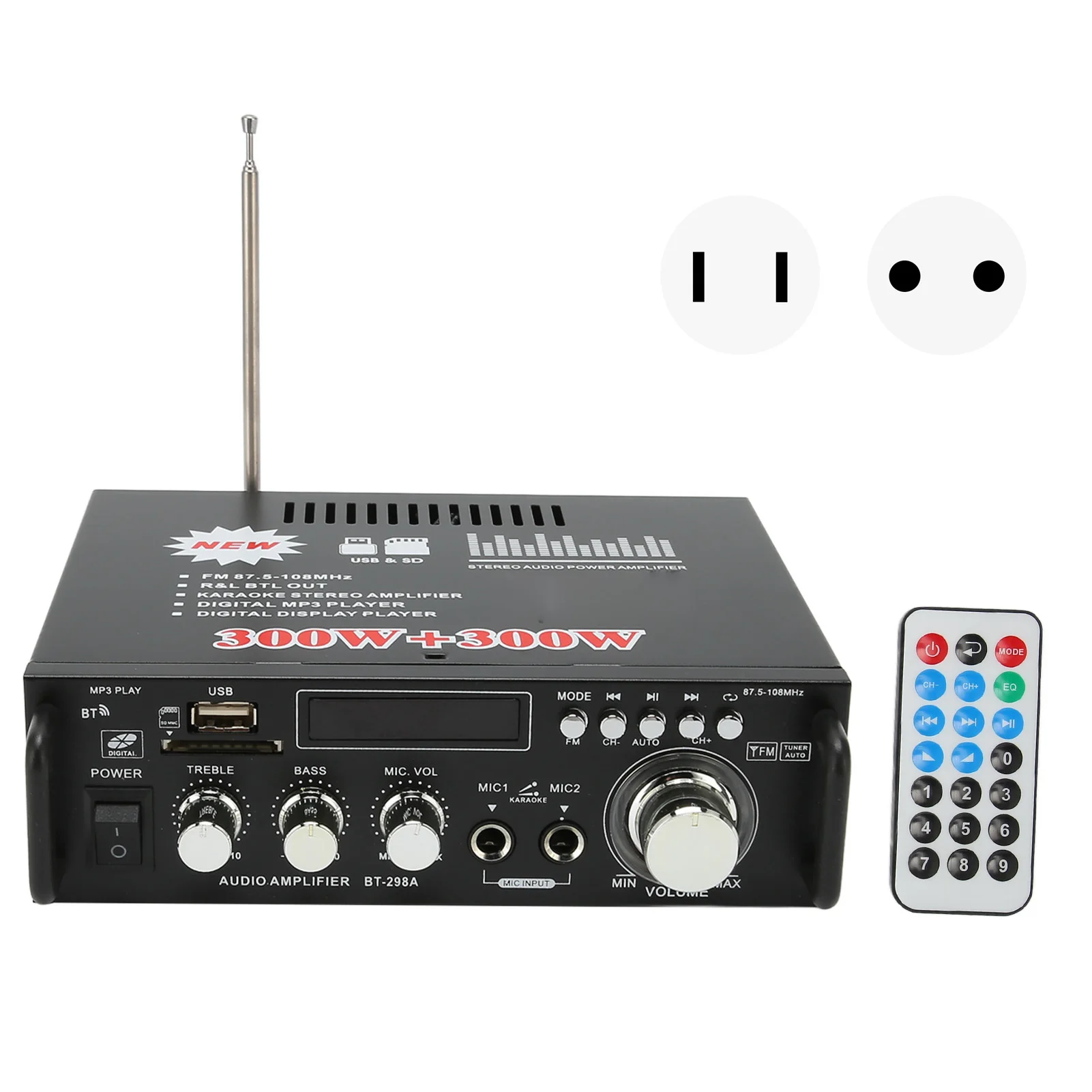 مكبر صوت قوي ممتاز 300 وات بلوتوث مع منفذ بطاقة ذاكرة USB وجهاز تحكم عن بعد وشاشة LED لنظام ستيريو منزلي