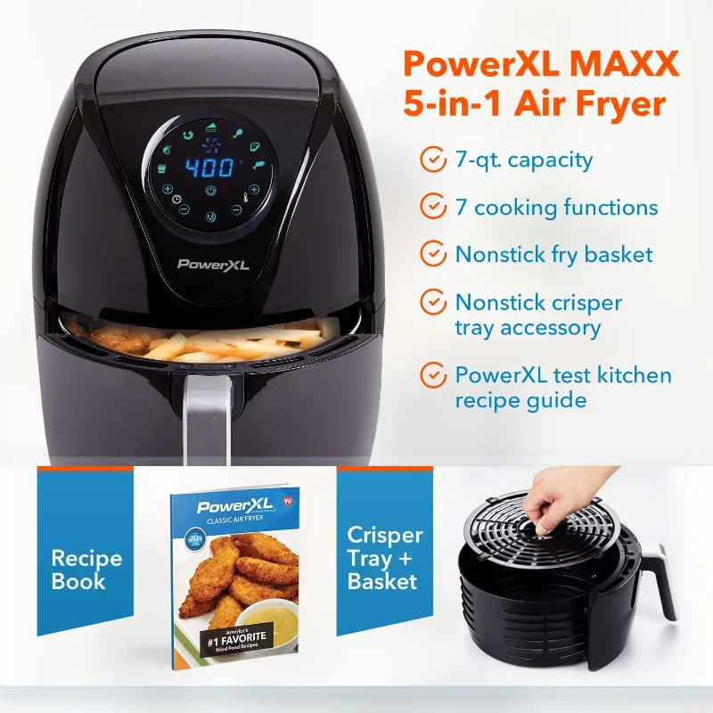 PowerXL エアフライヤー 7 QT Maxx クラシック、エクストラホットエアフライ、クック、クリスプ、ブロイル、ロースト、ベイク、高光沢仕上げ、ノンスティック、ブラック