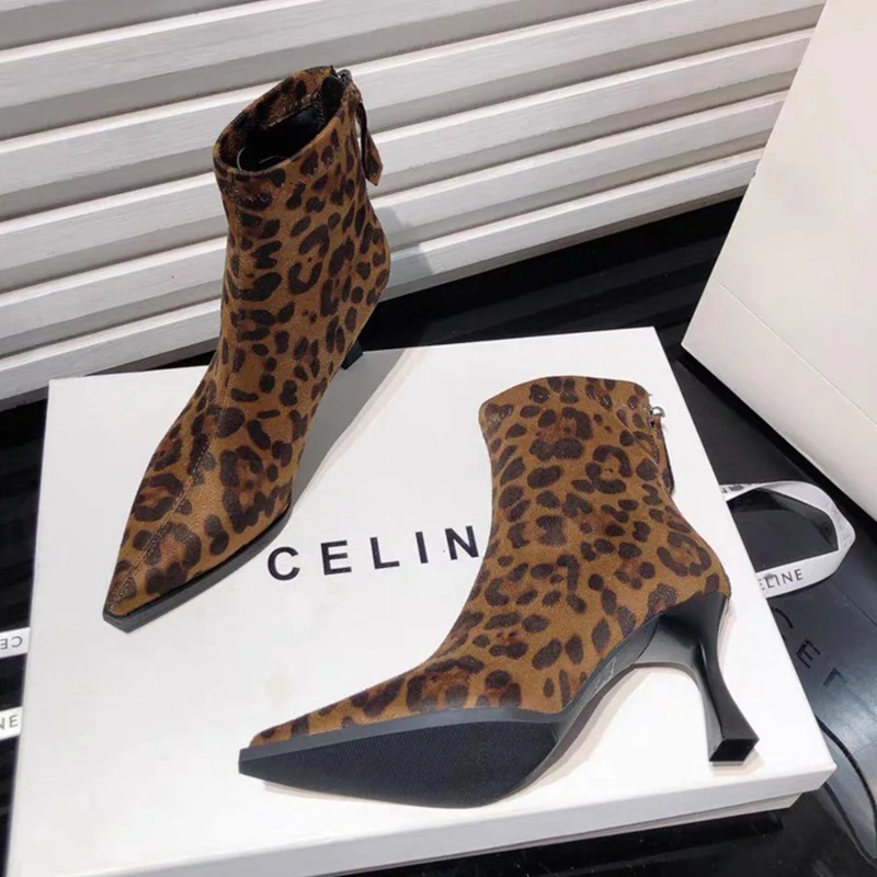 Leopard Women Boots Sexy Pointed Toe Shoes High Heels Chelsea Boots 2025 Winter Fashion Pumps Suede Short Boots Mujer Zapatos