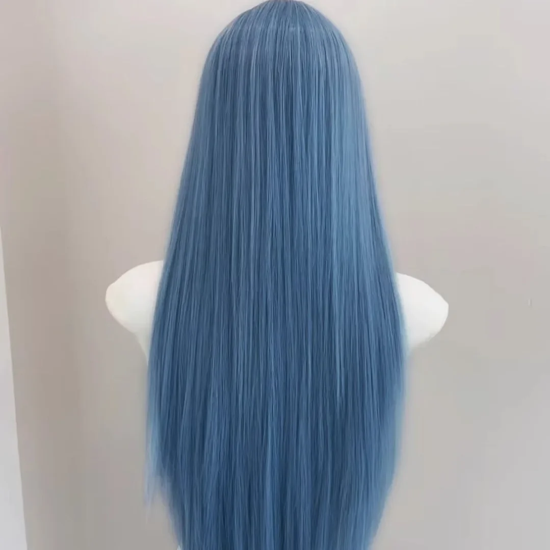 Fog Blue Medium Long Straight Hair Chemical Fiber Synthetic Wig | Refreshing Fluffy Long Hair high quality Breathable Headgear